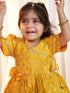 Girls Mustard Viscose Jacquard Dress Set with Floral Pattern